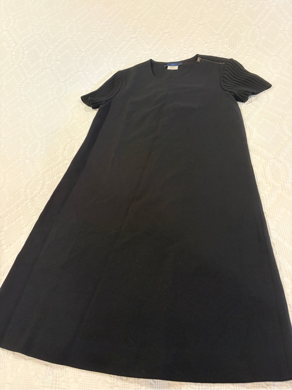 Les Copains Black Midi A-Line Dress with Ribbed Short Sleeves